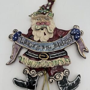 2001 Blue Sky Ceramic Santa Figurine Ornament Welcome To‎ The Holidays Bells EUC